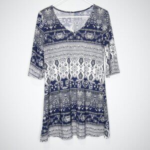DVDN Blue White Print 1/2 Sleeve Scoop Neck Tunic Blouse - S. 100% Polyester